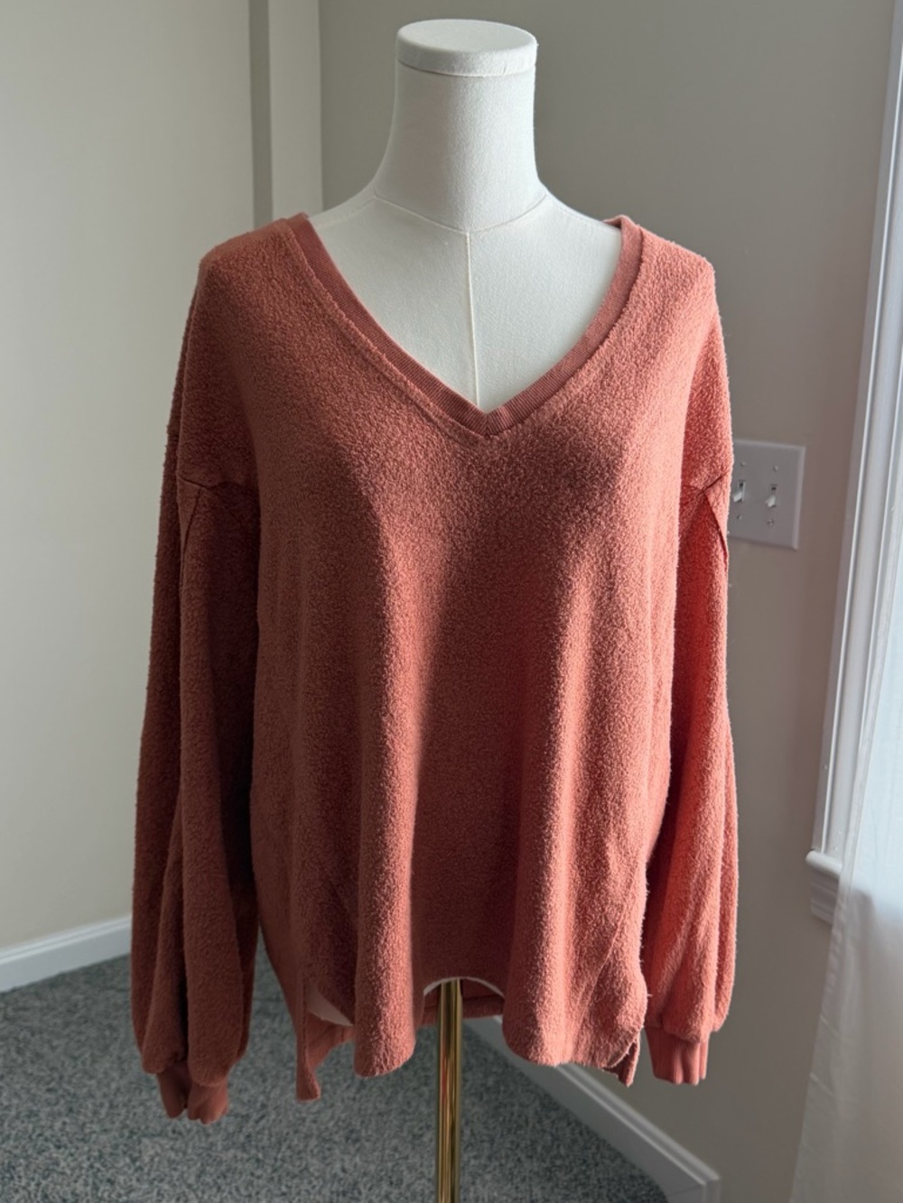 Urban Outfitters Oversized Teddy Bear Fleece Peach Pink V Neck Crewneck Sweater